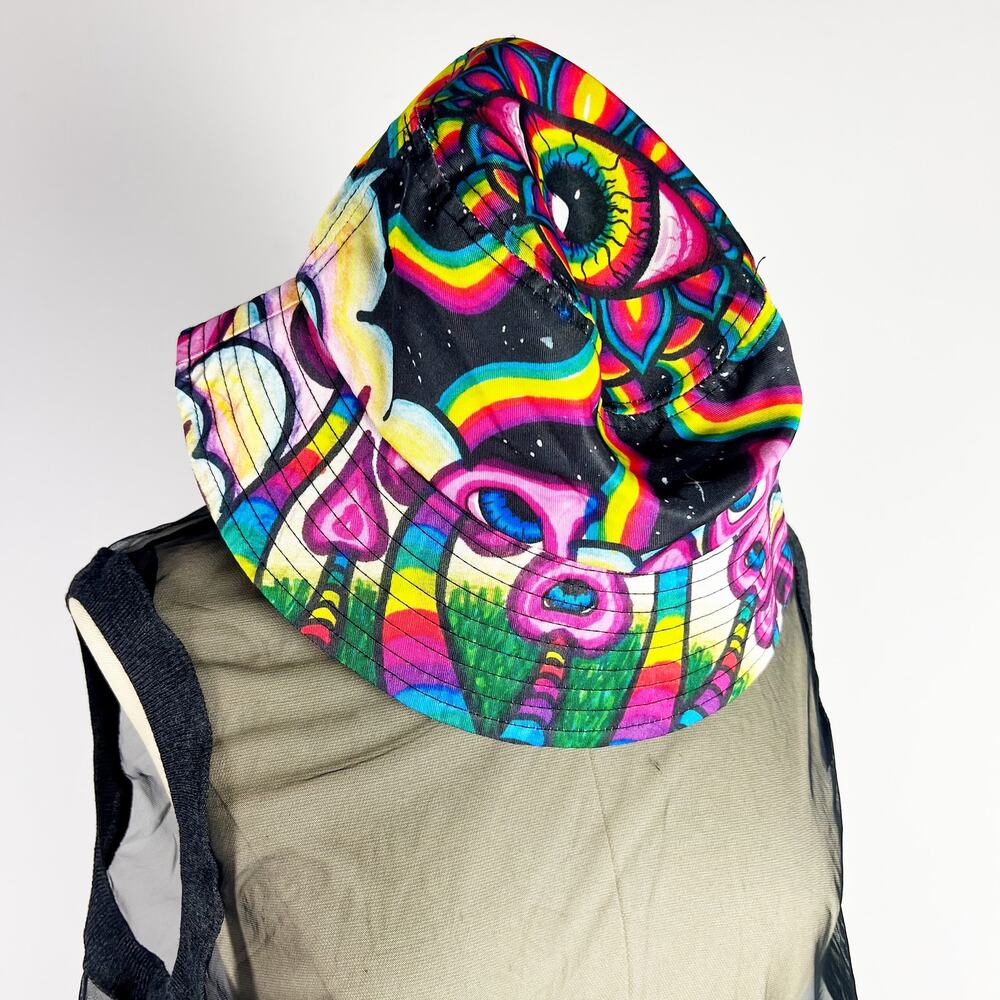Colorful psychedelic bucket hat bright evil eye rainbow black